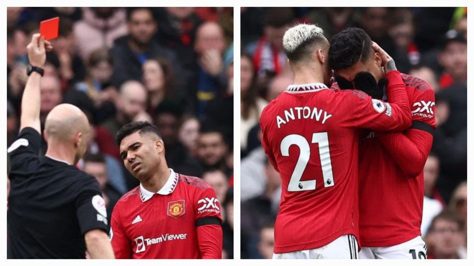 Casemiro gets a red card in Manchester United and Southampton English Premier League match